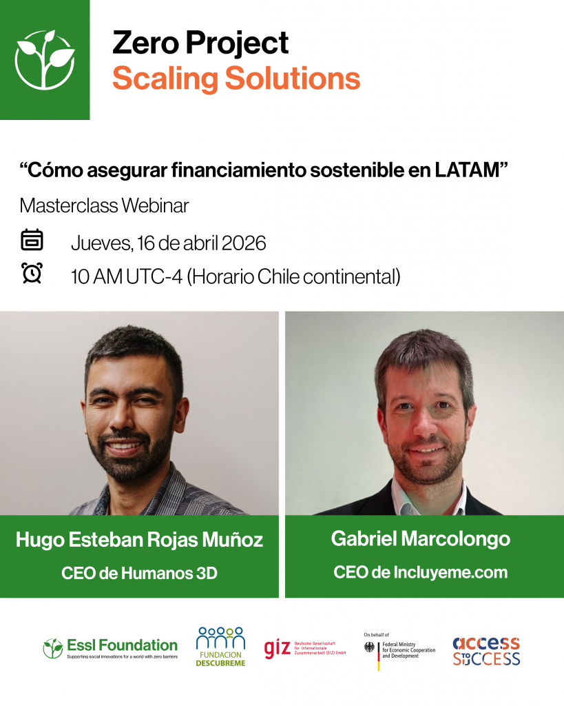 Afiche de Zero Project Scaling Solutions sobre la Masterclass Webinar “Cómo asegurar financiamiento sostenible en LATAM”, programada para el jueves 16 de abril de 2026 a las 10 AM UTC-4. Incluye fotos de Hugo Esteban Rojas Muñoz y Gabriel Marcolongo, junto a logos institucionales.